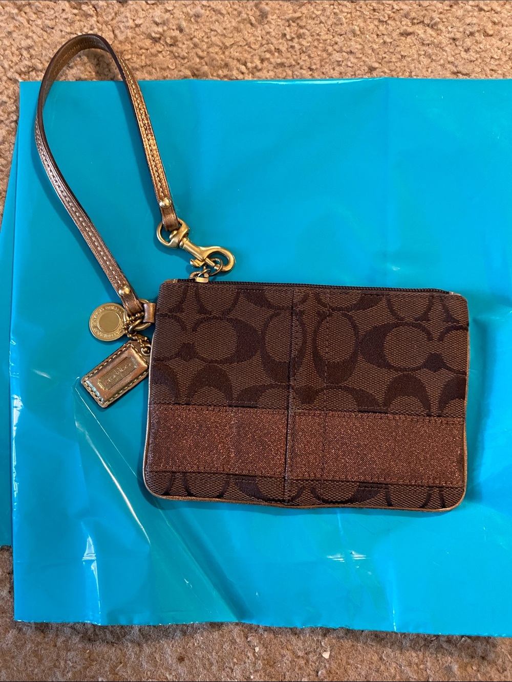 Coach Legacy Brown Signature Wristlet with Gold Hardware